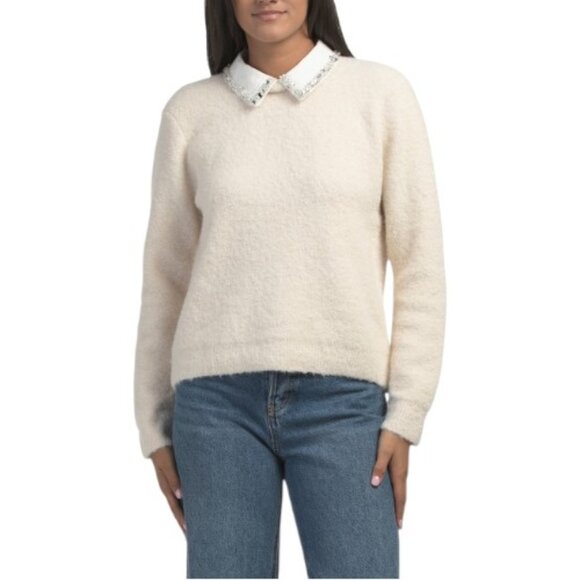 CECE Ivory Boucle Knit Sweater With Jewel Embellished Collar - Picture 1 of 2